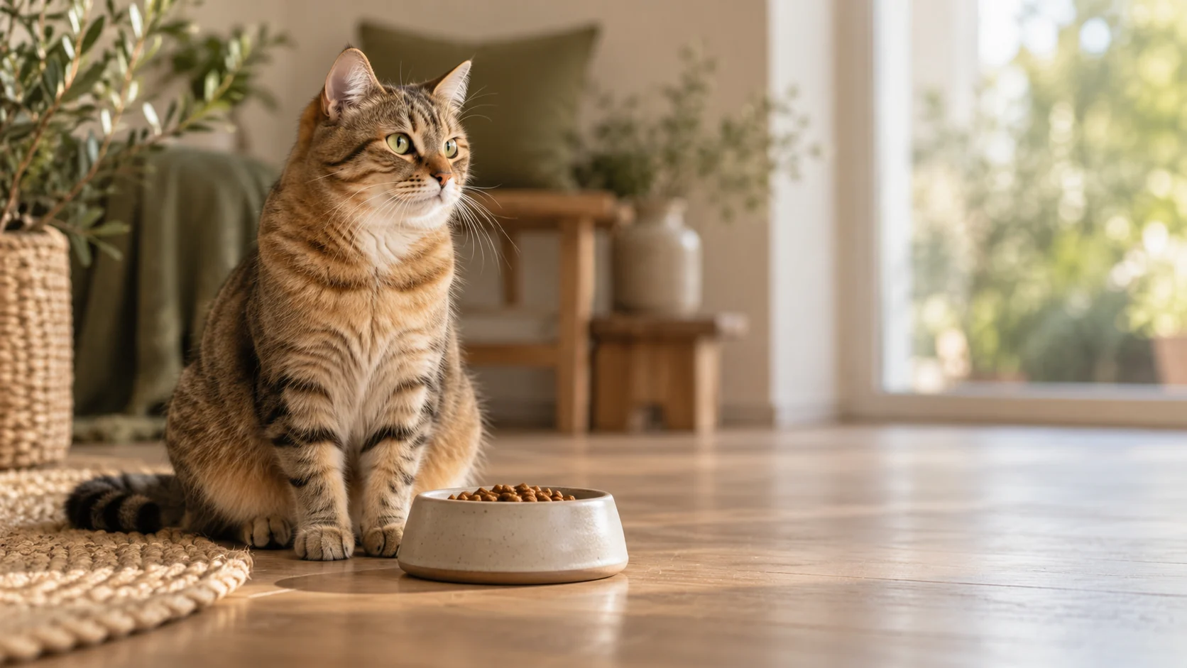 Tabby cat beside its food bowl in a bright home